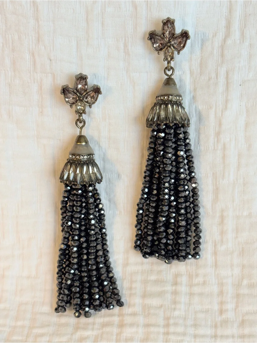 Vtg Tassel Pierced Earrings Rhinestones Black Jet Beads Boho  Anthro Style 1990s